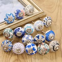 Modern Style Cabinet Drawer Storage Box Ceramic Printing Hand-painted Solid Blue Series Handles Round Furniture Drawer Handles