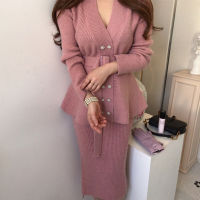 Gagarich Sets Female 2021 Winter French Temperament V-Neck Pearl Double-Breasted Lace-Up Sweater Coat High-Waisted A-Line Skirt