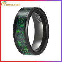 BONLAVIE 8mm Black Tungsten Rings with Green Carbon Fiber for Men Women Steampunk Gear Wheel Inlay Beveled Edges Comfort Fit Size 7-12