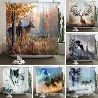 【hot】♞▲  Shower Curtains With Hooks Elk Animals 3d Decoration Printing Washable