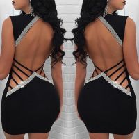 ❄☃♧ Women Dress Elegant Sexy Ladies Deep V Neck Sequin Bandage Bodycon Evening Party Short Mini Backless Bandage Sheath Clothing