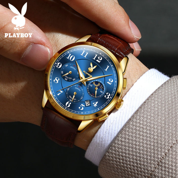 playboy-นาฬิกาแฟชั่นแบรนด์อเมริกันสำหรับผู้ชาย-นาฬิกาควอตซ์หนังแท้รุ่นใหม่ล่าสุดกันน้ำได้นาฬิกามัลติฟังก์ชันเข็มเรืองแสงแสดงวันที่24-ชั่วโมงแสดงเวลาบนหน้าปัดดวงจันทร์