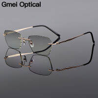 Gmei Optical Trendy Golden Titanium Alloy Men Rimless Glasses Frame With Gradient Grey Tint Plano es And Black Border Q90250