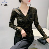 YIMEI เสื้อผ้าผู้หญิงสวยๆ2023ฤดูใบไม้ร่วง/ฤดูหนาวแฟชั่นใหม่เสื้ออัดพลีทคอวีติดเพชรเสื้อกล้ามเสื้อยืดผ้าตาข่ายแขนยาวแบบพอดีตัวเพรียวบาง