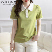 OULINNA เสื้อเสื้อโปโลสตรีชาเขียวแขนสั้นผู้หญิง,เสื้อลูกไม้สีตัดกันฤดูร้อนสีใหม่