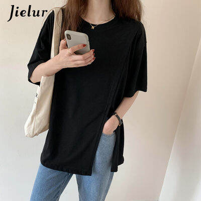 Jielur Split Half-sleeved T-shirt Women Loose Bottoming Black White Woman T-shirts O-neck Pure Colour T-shirts for Womens S-XL