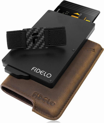 Fidelo Minimalist Wallet for Men - Slim Credit Card Holder RFID Mens Wallets Rustic Brown Leather