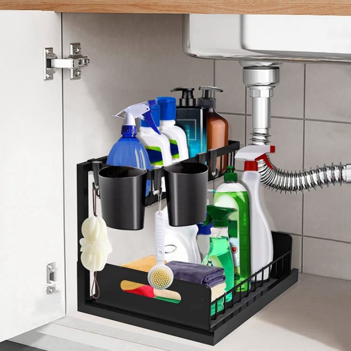 under-sink-kitchen-organizer-with-cups-and-hooks-2-tier-l-shaped-rack-pull-out-under-sink-storage-with-sliding-drawer