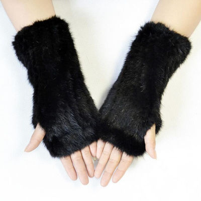 20ซม. ถักผู้หญิง Fingerless ฤดูหนาวหนาอบอุ่น Feamel ถุงมือยาว100 ของแท้ Mink Fur Mittens