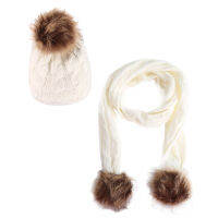 Childrens Hats and Scarves Sets Winter Knitted Warm Nature Fur Pom Pom Hat Scarf Thick Beanies Hats Caps Kids Solid Multi-piece