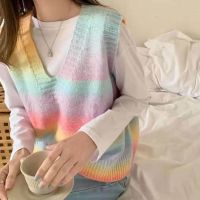 Rainbow stripe knitted vest V-neck top 121455