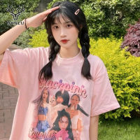 Hanlu BLACKPINK Park Chae-Young Rose The Fame เสื้อยืดแขนสั้นความรักสีดำเสื้อยืดหลวมสำหรับคู่รักชายและหญิง