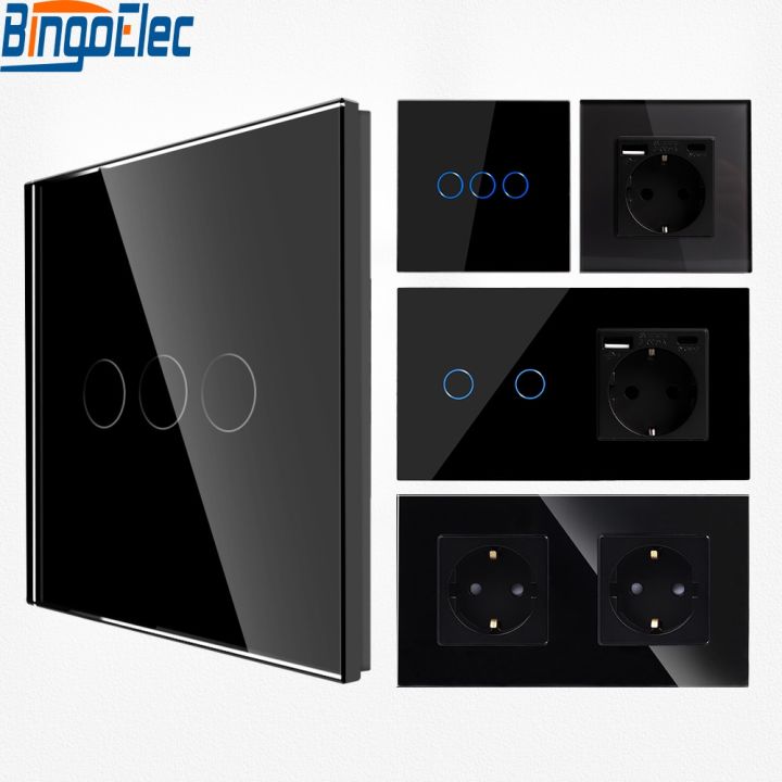 bingoelec-touch-light-switch-220v-led-wall-switch-1-2-3gang-1way-glass-eu-socket-type-c-usb-sockets-double-power-outlets-black