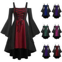 Gothic Witch Vintage ชุดผู้หญิงเซ็กซี่ Hollow Out Lace Up สูงเอว Ruffle ทรัมเป็ตชุดปิดไหล่ Gothic Midi ชุด Vestidos