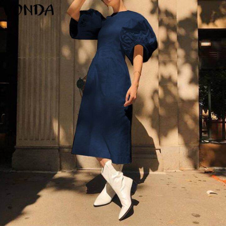 vonda-women-summer-round-neck-loose-puff-sleeve-dress