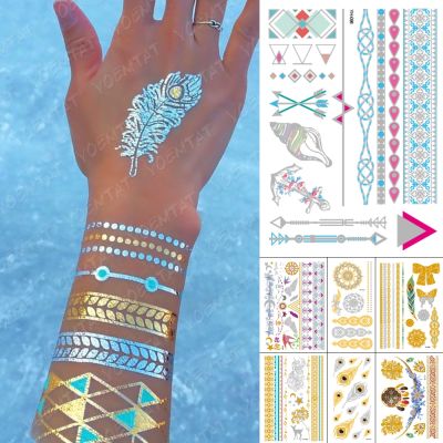 【YF】 Waterproof Temporary Tattoo Sticker Gold Silver Henna Indian Hand Painted Glitter Tattoos Women Mandala Flower Feather Body Art