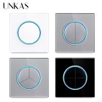 UNKAS 1 / 2 / 3 / 4 Gang 1 / 2 Way On / Off Wall Light Switch Large Aperture LED Backlight Data White Black Gray Glass Outlet Power Points  Switches S