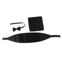 3pcs Mens Satin Bow Tie Cummerbund Hanky Handkerchief (Black)