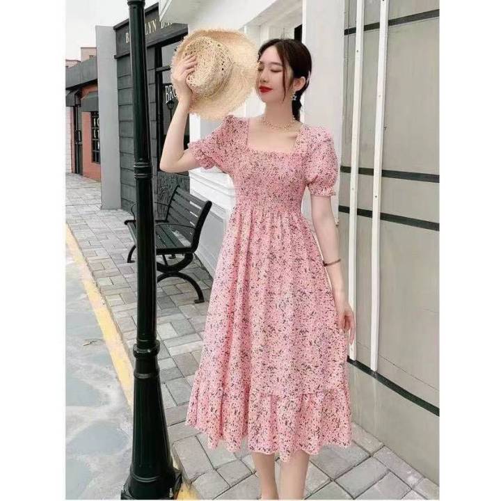 2021 Summer Floral Design Sweet Dress Short Sleeve Chiffon Elegant Dress Korean  Style Square Collar Party Dress For Female Dot  Dresses  AliExpress