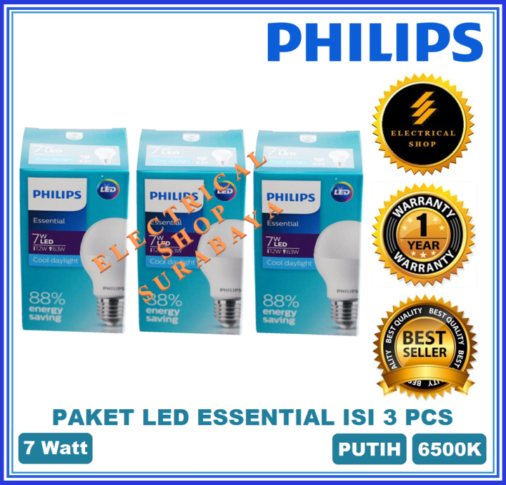 PAKET ISI 3 PHILIPS LAMPU LED ESSENTIAL 7W / 7 WATT PUTIH (BERGARANSI 1 ...