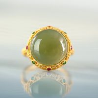 T-B 24K Gold Natural Hetian Jade Sapphire Women S Ring Gold Plated Court Style Vintage Women S Open Ring Jewelry