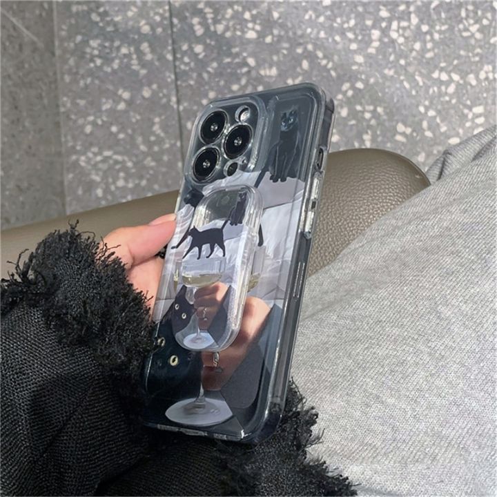 ins-เกาหลี3d-น่ารักสีดำเคสโทรศัพท์ผลักดึงแมวสำหรับ-iphone-13-12-11-pro-xs-max-x-xr-ผู้ถือกันกระแทกแบบใสนุ่ม-carterfa