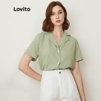 Lovito Casual Plain Notched Collar Short Sleeves Blouses For Women L24AD002 (Light Green)