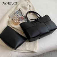 Fashion Women Woven Leather Handbags Totes Large Capacity Solid Color Strap Bags Women Travel Casual Handbags