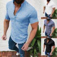2023 speed sell through amazon sells new men flax loose short-sleeved blouse buttons pure color shirt