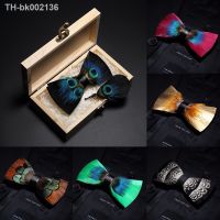 ♨ↂ◆ JEMYGINS Original Italy New Design Bowtie Natural Brid Feather Exquisite Hand Made Men Bow Tie Brooch Pin Wooden Gift Box Set