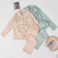 ﹉ Spring Womens Silk Chemise Women Fashion Pajama Stripe Sets Long Sleeve Button Down Sleepwear Nightwear Soft Pjs Lounge Sets