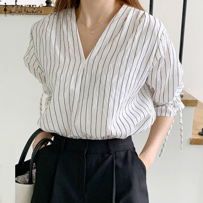 (สินค้ามาใหม่)(จัดส่งฟรี)Fancystyle ZANZEA เสื้อเสื้อพิมพ์ลายคอวีลายทางสไตล์เกาหลีของผู้หญิงเสื้อแขนยาวเสื้อทรงหลวมลำลอง #10