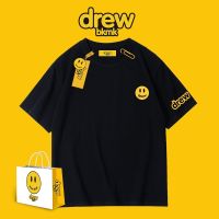 ☋☃♛ 2078 Drew Tide Brand Smiley Face เสื้อยืดลําลองแฟชั่นสําหรับผู้ชายผู้หญิงผ้าฝ้ายแขนสั้นสีดําทรงหลวมสไตล์ยุโรปและอเมริกา