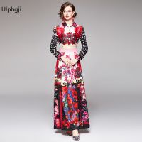 Maxi Dress Women Vintage Flower Print Fall Dress Work Casual Slim Runway Bow Tie Collar Long Sleeve Long Dresses Robe Femme