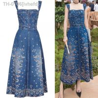 ❀☒ ivhefd designer verão denim vestido feminino flor bordado a linha grande swing solto cinta vestidos longos de baile