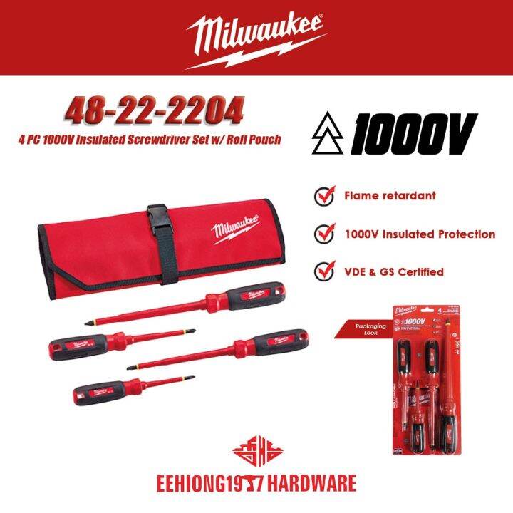 MILWAUKEE 4822 2204 4PCS 1000V Insulated Screwdriver Set w/ Roll Pouch