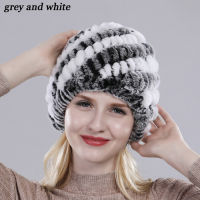 New Russia Women Real Rex Rabbit Fur Skullies Hats Luxury Knitted Flowers Genuine Rex Rabbit Fur Cap Winter Real Fur Beanies Hat