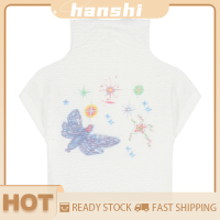 hanshi [2023 new HOT FASHION] lazlook เสื้อยืดพิมพ์ลายการ์ตูนฤดูร้อนย้อนยุคคอเต่าครึ่งแขนสั้นรัดรูปเสื้อครอป