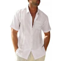 Guayabera คิวบาปาร์ตี้แขนสั้นฤดูร้อนสีพื้นเสื้อผู้ชายลำลองใส่สบาย