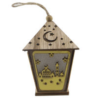 Gurban Eid Mubarak Ramadan Wooden Lantern Crafts Decoration Three-dimensional House with LED Lamp Pendant for Hanging Home Decor