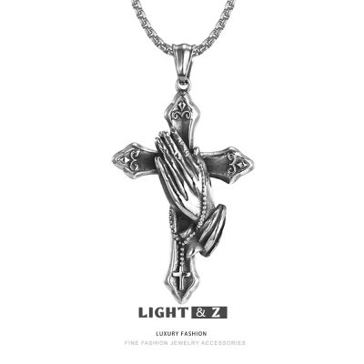 LIGHT &amp; Z New hands praying cross retro hip-hop necklace Europe and the United States plated 925 Thai silver black non-peeling pendant
