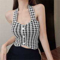 Bling Vintage Houndstooth Camisole ผู้หญิงฤดูร้อนเซ็กซี่ Halter แขนกุดเสื้อกล้าม