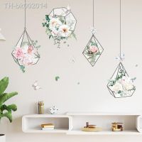 ❅♨ Fresh Flowers Geometric Hanging Basket Wall Stickers Living Room Bedroom Sofa Background Decoration Wallpaper Sticker Home Decor