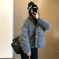 ร้อน, ร้อน★Thousand Bird Lattice Cotton Coat Female Winter New Minority Stand Collar Thick Jacket Checked Ladies Casual Outwear Coat