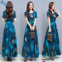 Women Dress Fashion Floral Printed Slim Fitted Short-sleeve A-line Long Dress for Casual Party Wearing