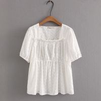 【มีไซส์ใหญ่】Plus Size L-4XL Womens Short Sleeve Floral Embroidery Summer White Tops Ladies Elegant Female Shirts