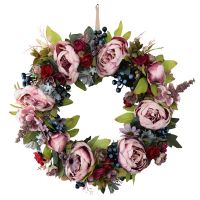 【 WYIN kitchen】 ArtificialPeonyWreath-WithLeaves พวงหรีดฤดูใบไม้ผลิสำหรับประตูหน้างานแต่งงานตกแต่งผนังบ้าน