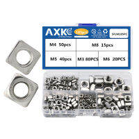 AXK 185Pcs Square Nuts Kit สแตนเลส M4 M5 M6 M8ผสมเมตริกสแควร์ถั่วชุดสี่ด้านถั่ว