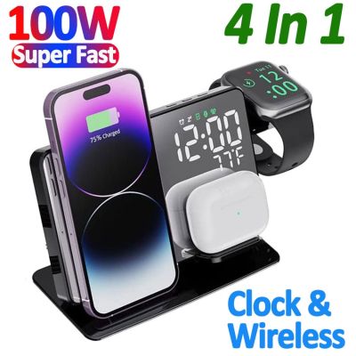 ❀ 100W 4 in 1 Wireless Charger For iPhone 14 13 12 Pro Apple Watch S8 7 Fast Charging Dock Station Desktop LED Digital Alarm Clock