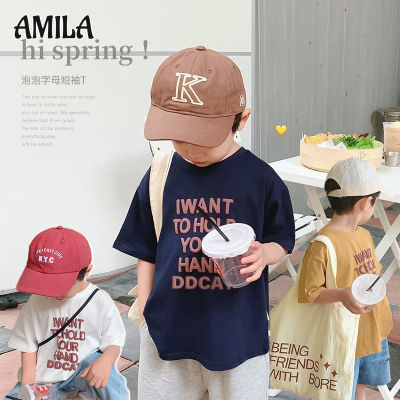 AMILA เสื้อยืดเสื้อกีฬาแขนสั้นสบายสำหรับทั้งหญิงและชายเด็กสไตล์อินเทรนด์,เสื้อยืดผ้าฝ้ายแขนสามส่วนสำหรับเด็กขนาดกลางและเล็กสำหรับฤดูร้อนใหม่